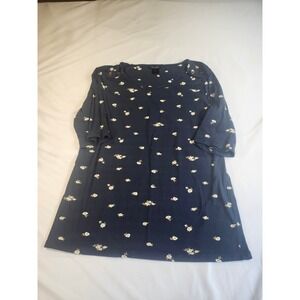 Ann Taylor Navy Blue Floral Button Shoulder Elbow Sleeve Knit Top Womens Large